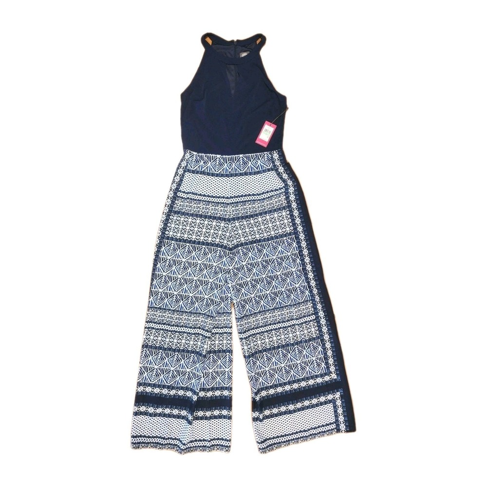 Vince Camuto Halter Jumpsuit Womens 8 Navy White Wide Leg Casual Boho Resort NEW